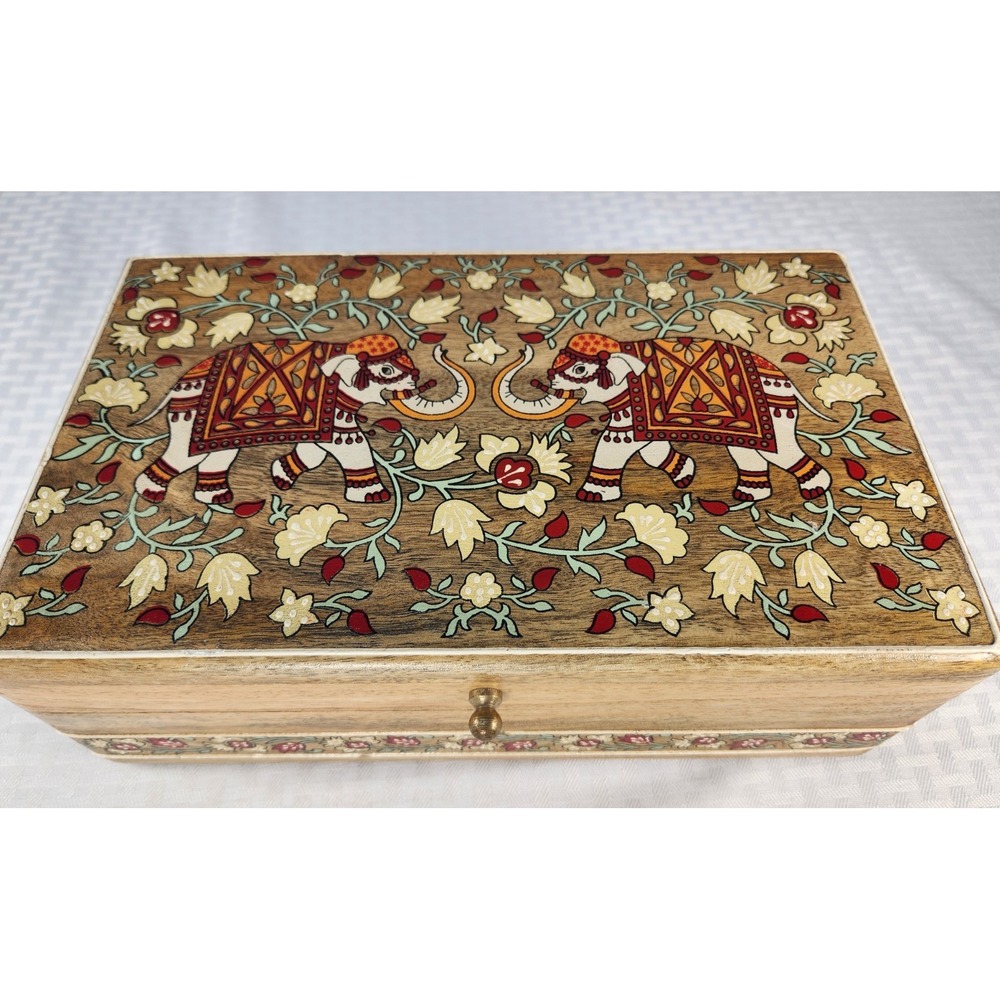 New Elephant Hand Painted Jewelry Box Treasure Chest Large Made In India Wood